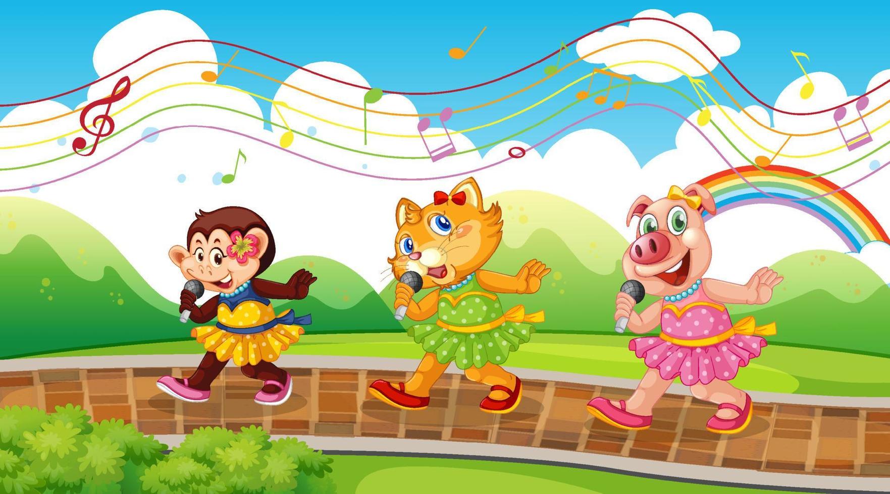 Cute animals performance singing at the park vector