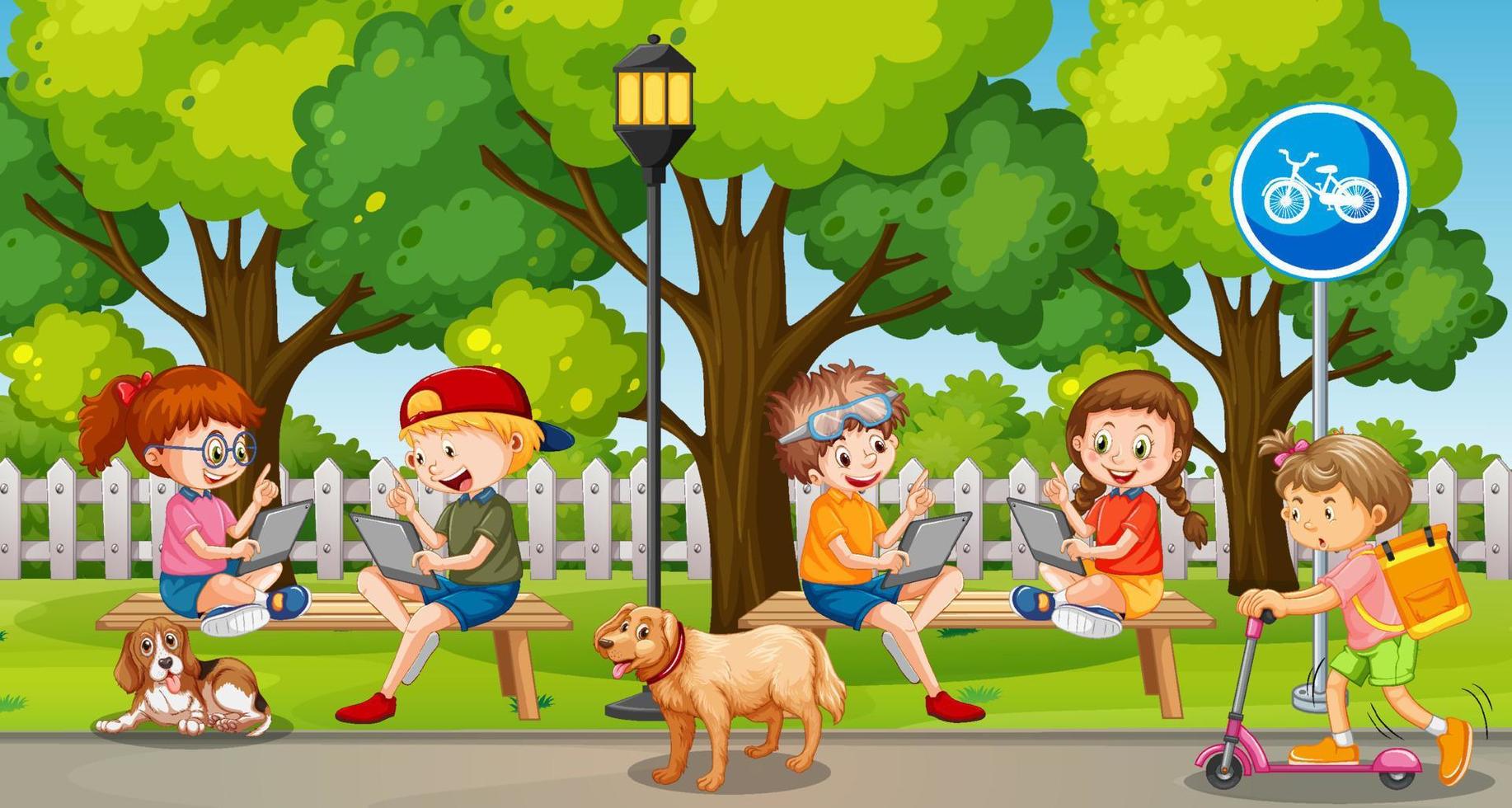 Park scene with children using technology devices vector