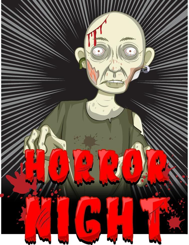 Horror night text design with creepy zombie vector