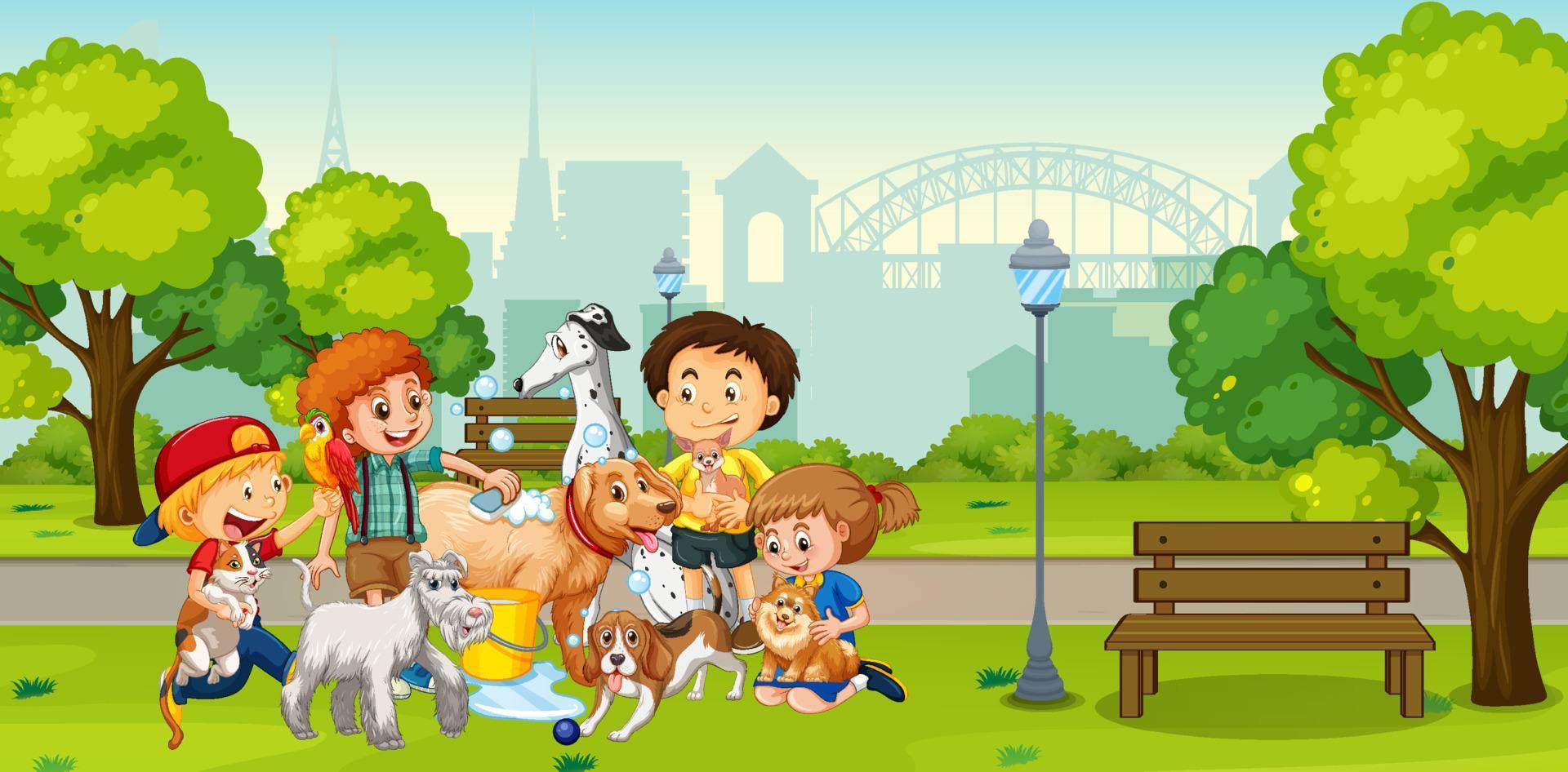 Park scene with children playing with their animals vector