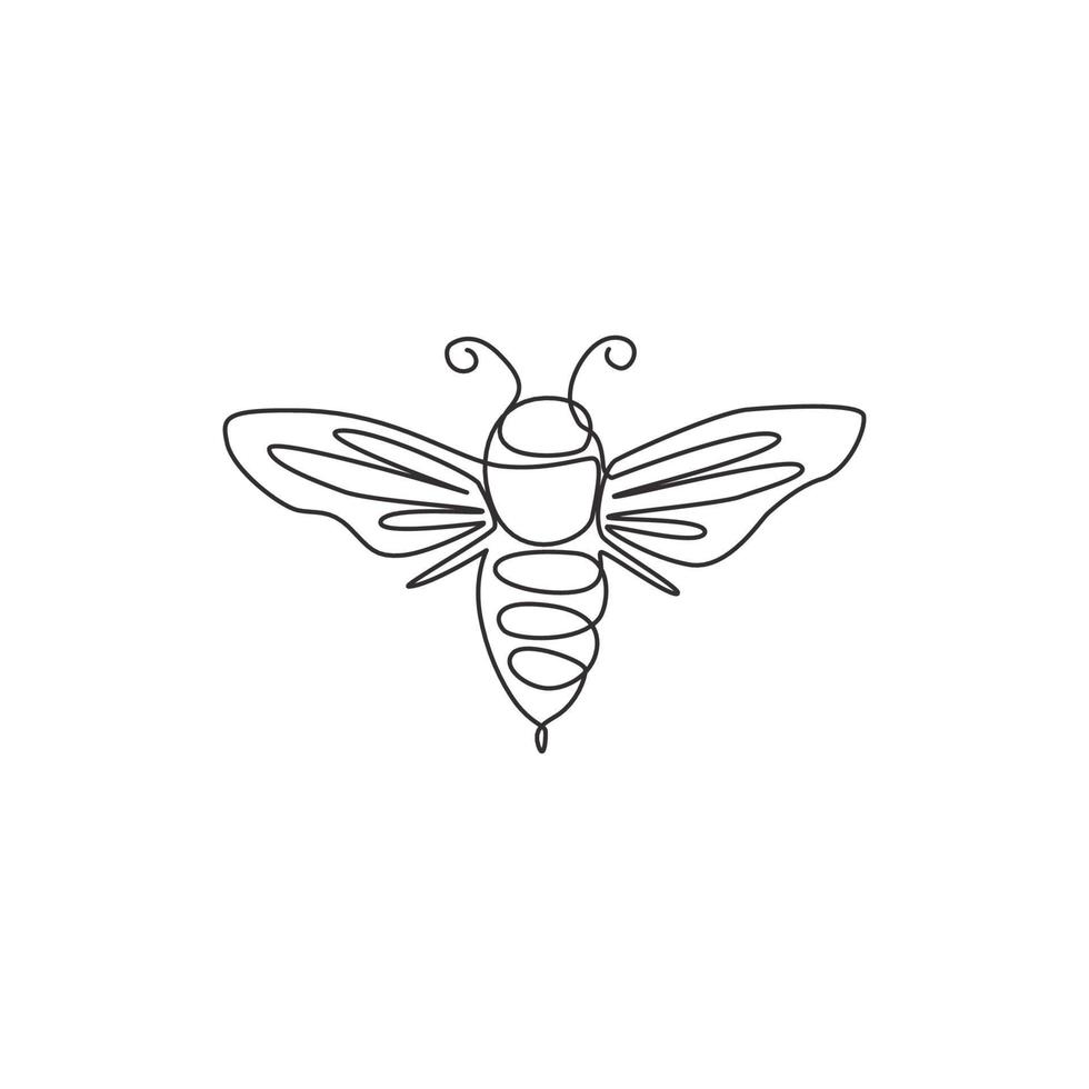 Single continuous line drawing of decorative bee for farm logo identity. Honeycomb producer icon concept from wasp animal shape. One line draw vector design graphic illustration