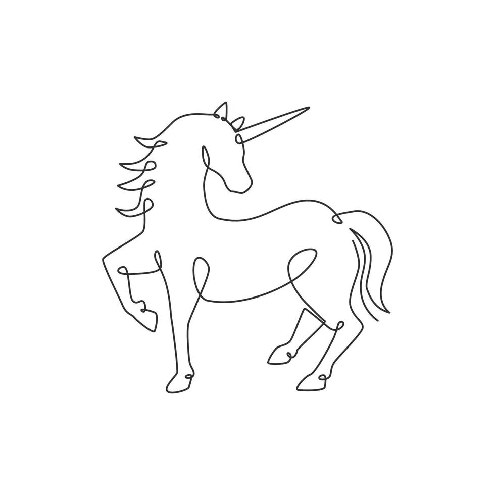 One continuous line drawing of cute beauty unicorn for company logo identity. Kids fantasy dream concept about mammal animal creature. Trendy single line draw vector design graphic illustration