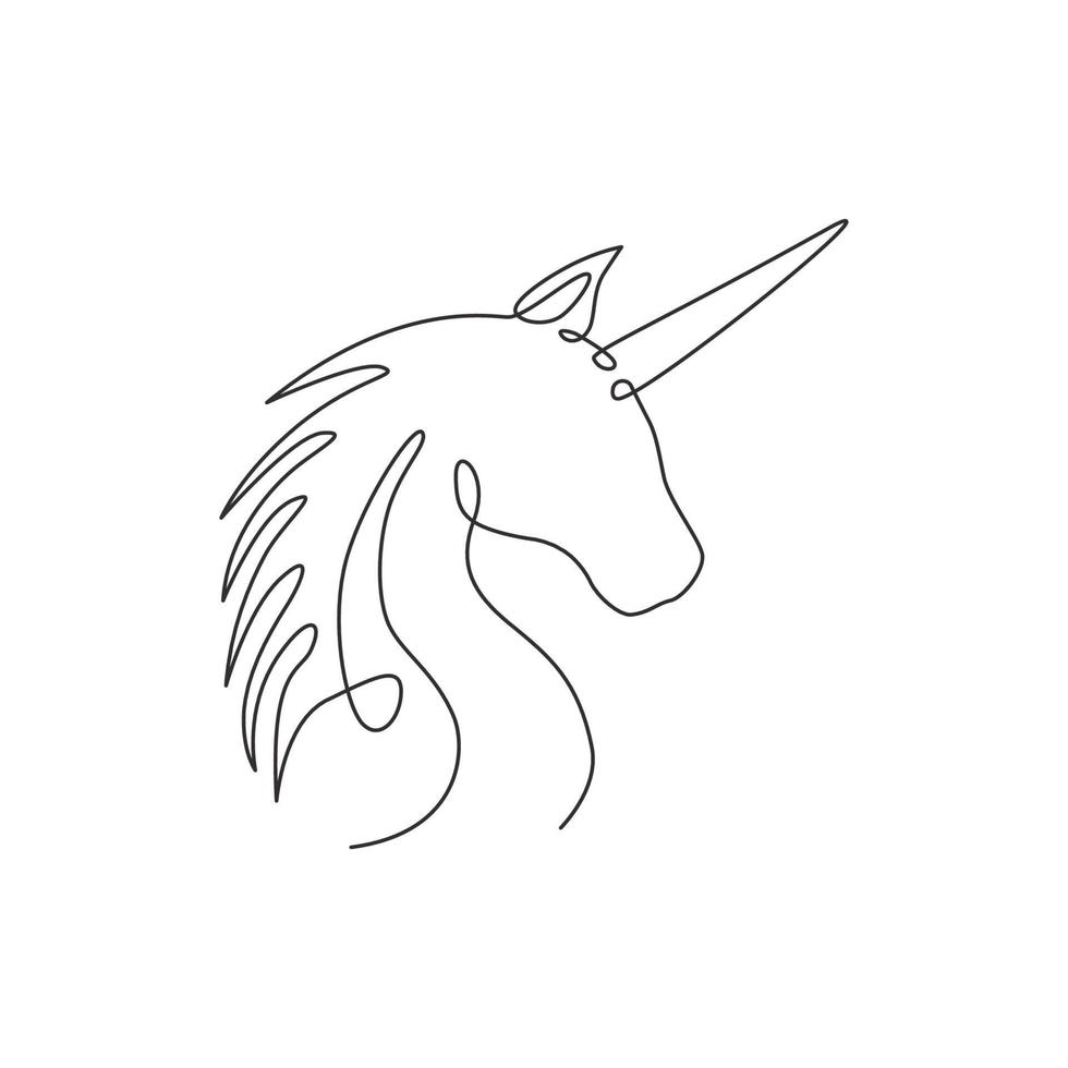 Single continuous line drawing of beautiful unicorn head for corporate logo identity. Kids cute fantasy imagination creature concept for textile fashion print. Trendy one line draw design illustration vector