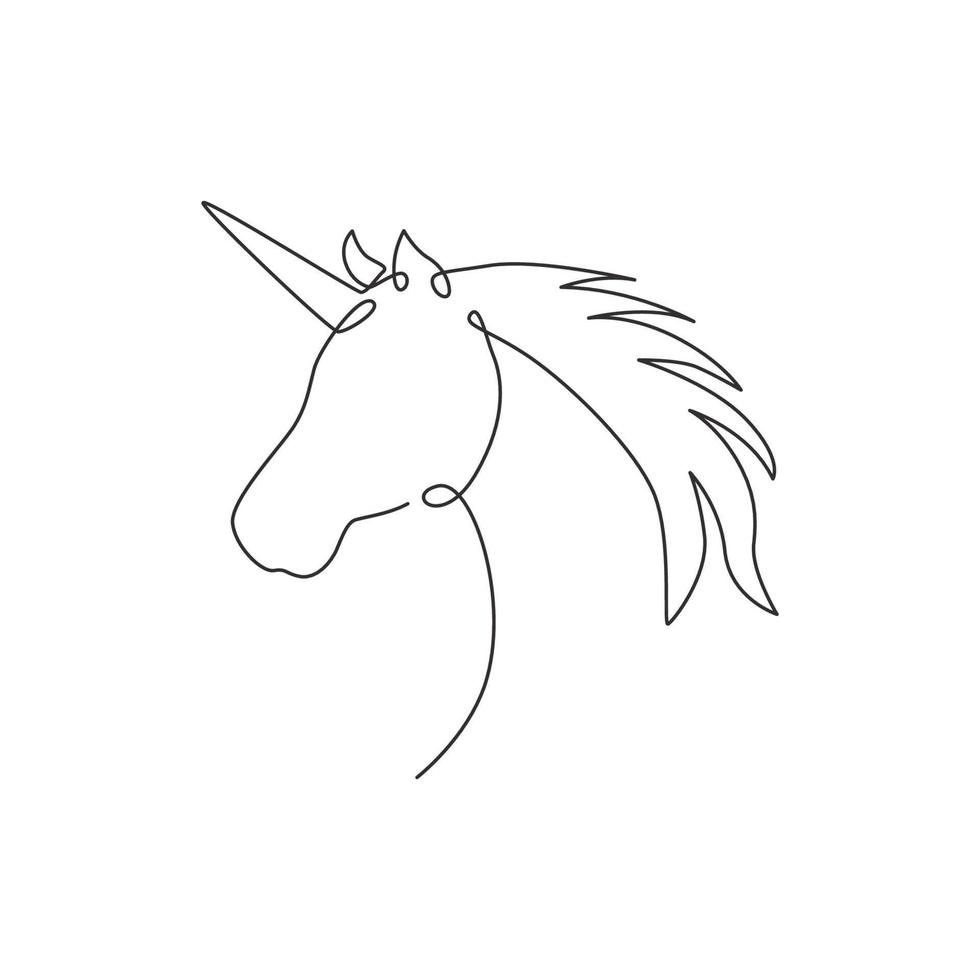 One continuous line drawing of beautiful cute unicorn head for company logo identity. Kids fantasy dream creature concept animal creature. Dynamic single line vector draw design graphic illustration