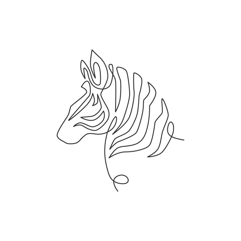 Single continuous line drawing of elegant zebra head for company logo identity. Horse with stripes mammal animal concept for national park safari zoo mascot. Trendy one line draw design illustration vector