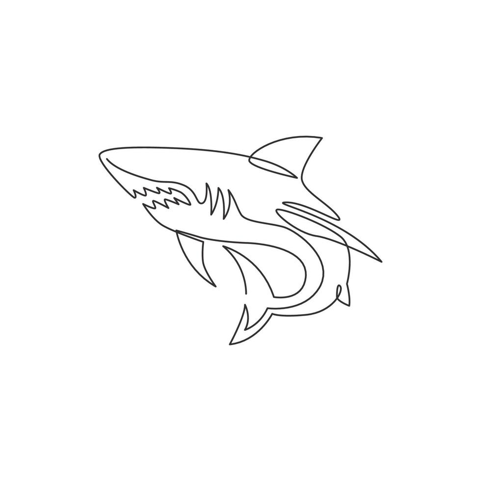 dibujo de una sola línea del gobernante del mar, tiburón para la identidad del logotipo de la empresa. peligroso concepto de pez de mar para la mascota de la organización de paz de la naturaleza del océano. Ilustración de vector de diseño de dibujo de línea continua