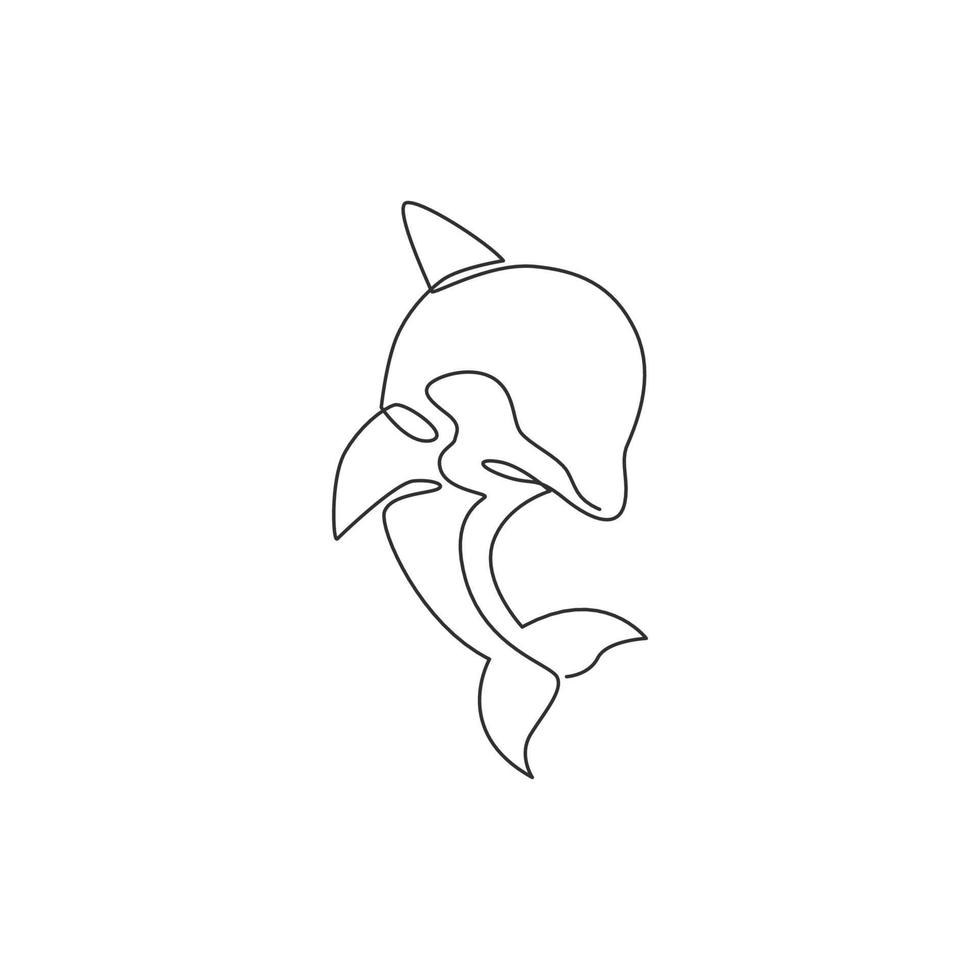 One continuous line drawing of friendly cute dolphin for fish tank aquarium logo identity. Happy mammal animal concept for company mascot. Trendy single line draw vector design graphic illustration