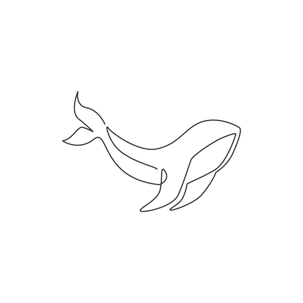 One continuous line drawing of giant whale for water aquatic park logo identity. Big ocean mammal animal mascot concept for environment organization. Single line draw design graphic illustration vector