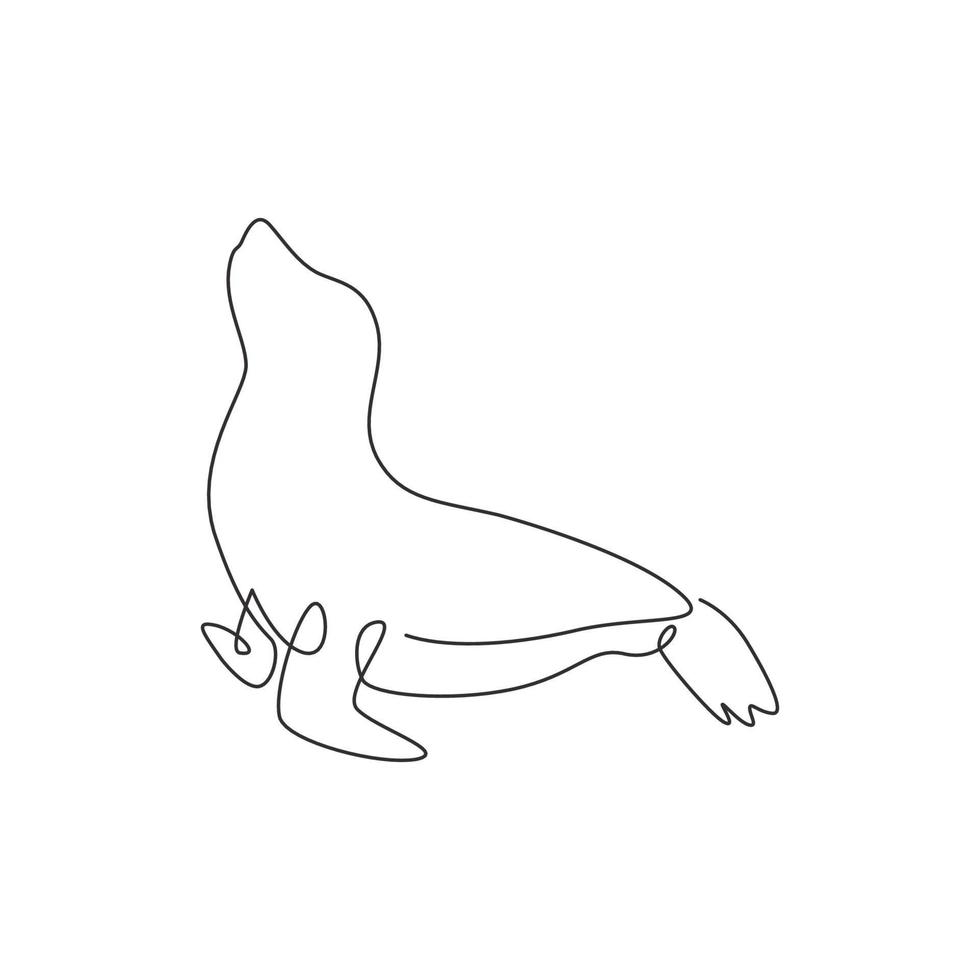 One single line drawing of adorable sea lion for aquatic park logo identity. Cute creature mammal animal mascot concept for circus show. Continuous line draw design vector graphic illustration