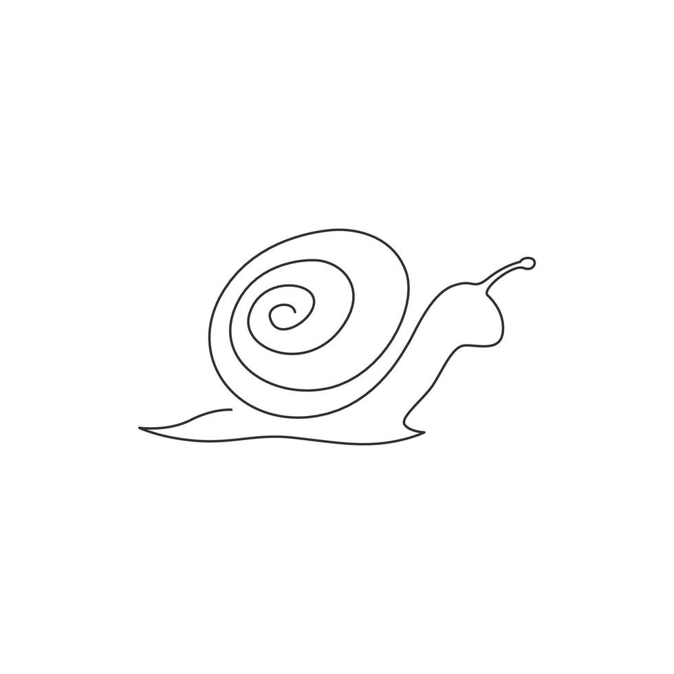 One continuous line drawing of exotic snail with spiral shell mascot concept for organic food logo identity. High nutritious escargot healthy food. Continuous line draw design vector illustration