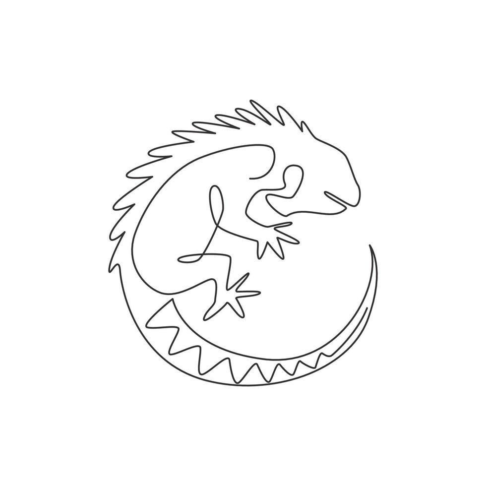 One continuous line drawing of beautiful iguana for company logo identity. Funny reptilian animal mascot concept for pet hobbyist association. Single line draw design vector graphic illustration