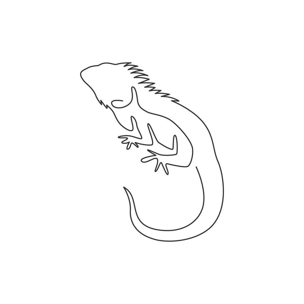 One single line drawing of exotic iguana for company logo identity. Cute reptilian animal mascot concept for pet lover society. Trendy continuous line draw design vector graphic illustration