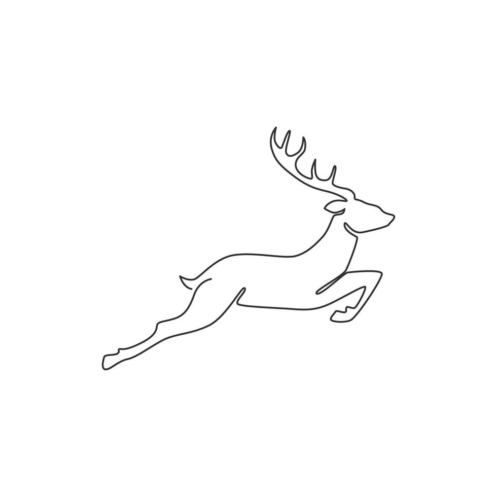 Single continuous line drawing of cute elegance deer for national zoo logo identity. Luxury buck mascot concept for animal hunting club. Dynamic one line draw design illustration graphic vector