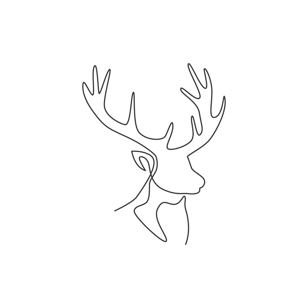 One single line drawing of adorable head deer for company logo identity. Cute reindeer mammal animal mascot concept for public zoo. Trendy continuous line draw design vector graphic illustration