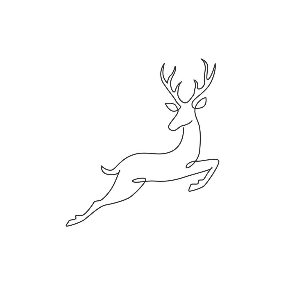 One continuous line drawing of wild reindeer for national park logo identity. Elegant buck mammal animal mascot concept for nature conservation. Single line draw design illustration vector