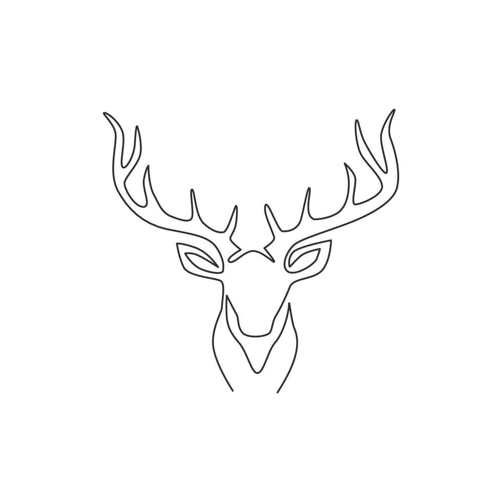 One single line drawing of adorable head deer for company logo identity. Cute reindeer mammal animal mascot concept for public zoo. Trendy continuous line draw vector graphic design illustration