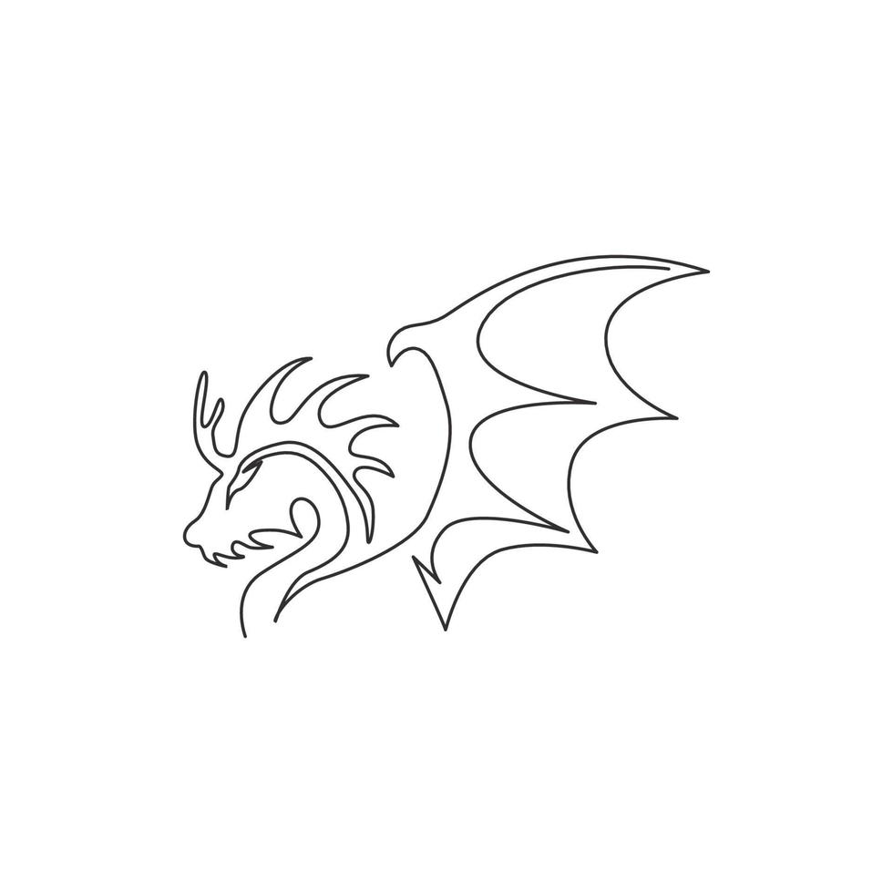 One single line drawing of scary beast dragon for china ancient museum logo identity. Legend fairy tale animal mascot concept for ancient chinese organization. Continuous line draw design illustration vector