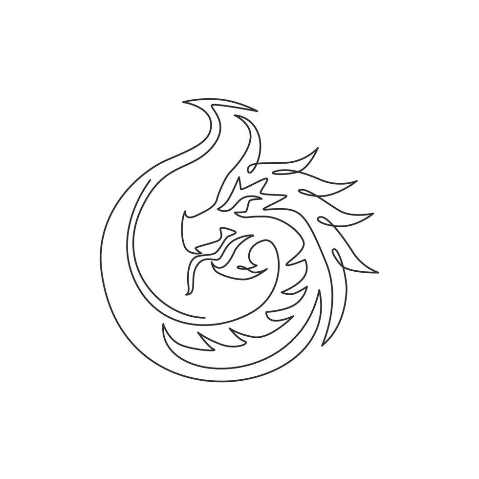 One single line drawing of scary beast dragon for china ancient museum logo identity. Legend fairy tale animal mascot concept for ancient chinese organization. Continuous line draw design illustration vector