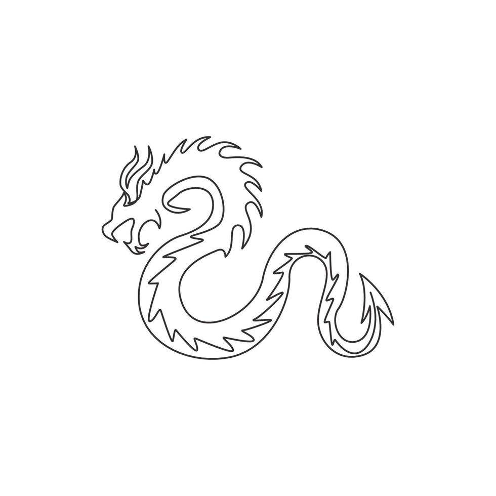 Single continuous line drawing of fictional monsters dragon for chinese traditional logo identity. Magical legend creature mascot concept for martial art association. One line draw design illustration vector