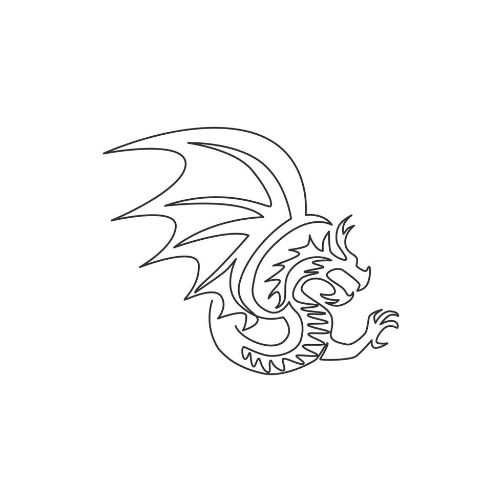 One continuous line drawing of mythological creature dragon for company logo identity. Fantasy flying dinosaurs animal mascot concept for decorative tribal. Single line draw design vector illustration