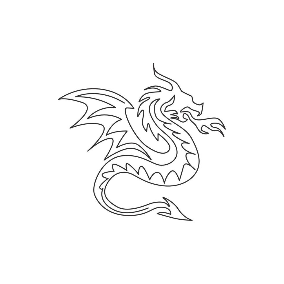 Single continuous line drawing of fictional monsters dragon for chinese traditional logo identity. Magical legend creature mascot concept for martial art association. One line draw design illustration vector
