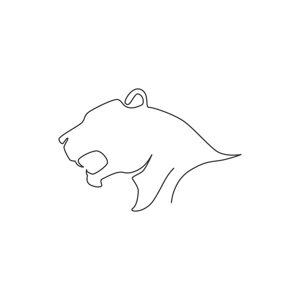 One single line drawing of wild leopard head for company business logo identity. Strong jaguar mammal animal mascot concept for national conservation park. Continuous line draw design illustration vector