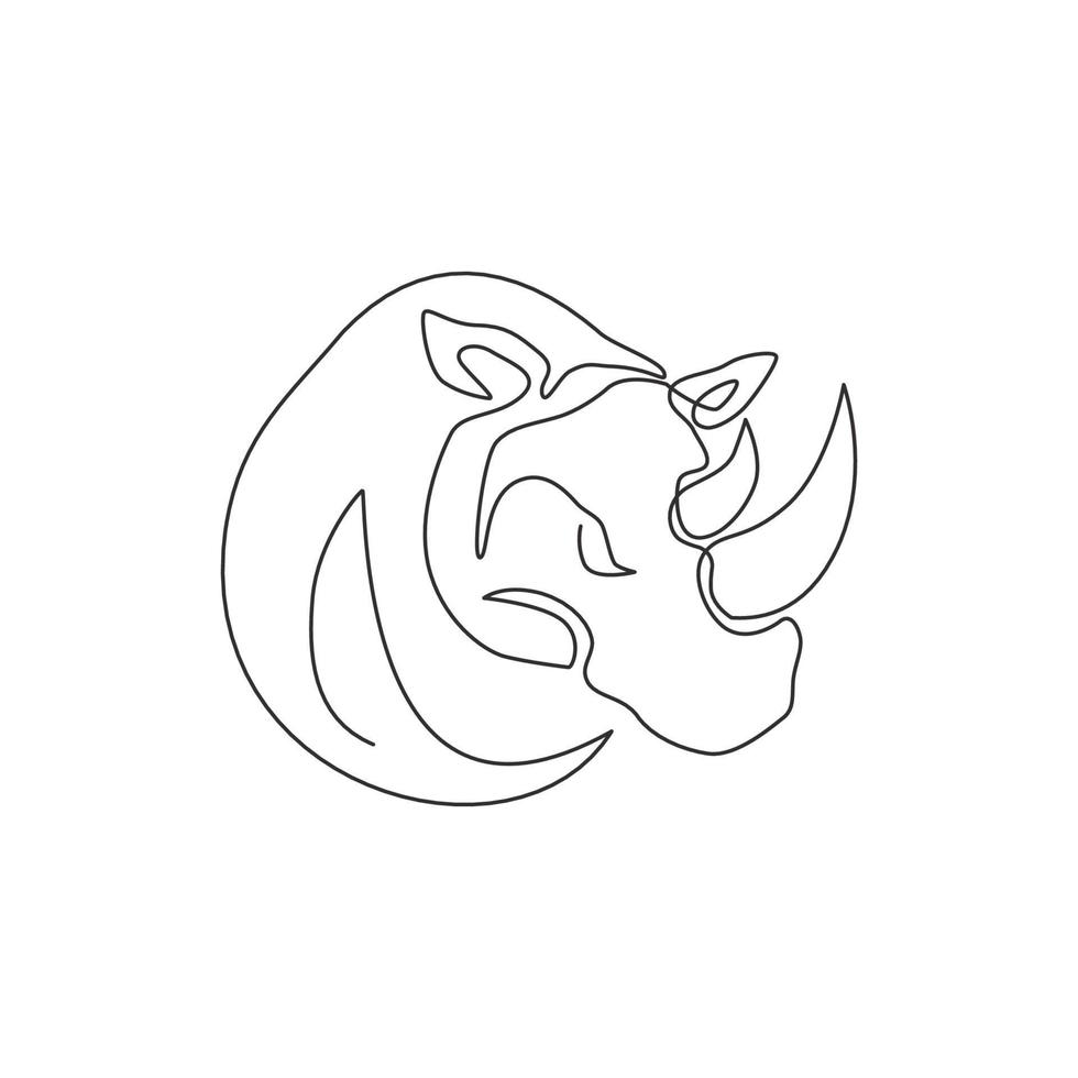 Single continuous line drawing of big African rhinoceros head for conservation national park. Big African rhino animal mascot concept for national zoo safari. One line draw design vector illustration