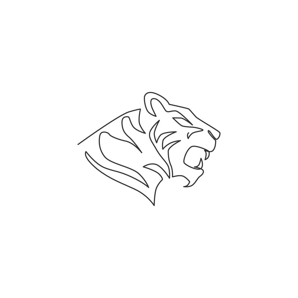 One continuous line drawing of African tiger head for company logo identity. Strong feline mammal animal mascot concept for national safari zoo. Single line draw vector graphic design illustration