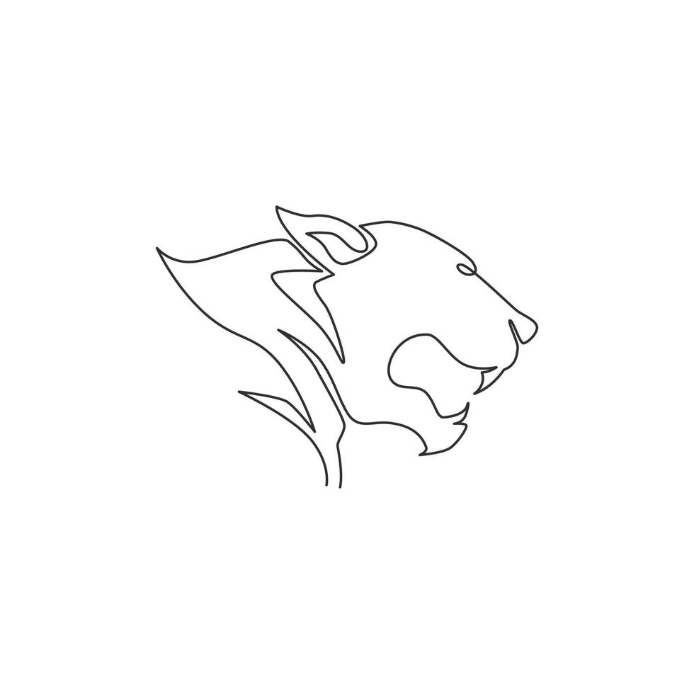 One single line drawing of wild leopard head for company business logo identity. Strong jaguar mammal animal mascot concept for national conservation park. Continuous line draw design illustration vector