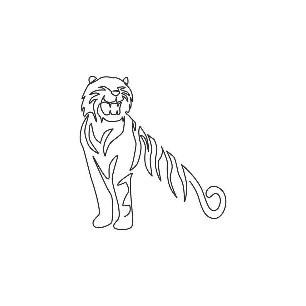 One continuous line drawing of African tiger for company logo identity. Strong feline mammal animal mascot concept for national safari zoo. Trendy single line draw design vector graphic illustration