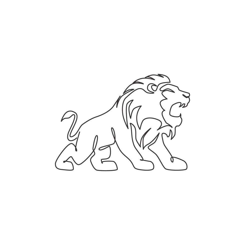 One continuous line drawing of king of the jungle, lion for company logo identity. Strong feline mammal animal mascot concept for national safari zoo. Single line draw design illustration vector
