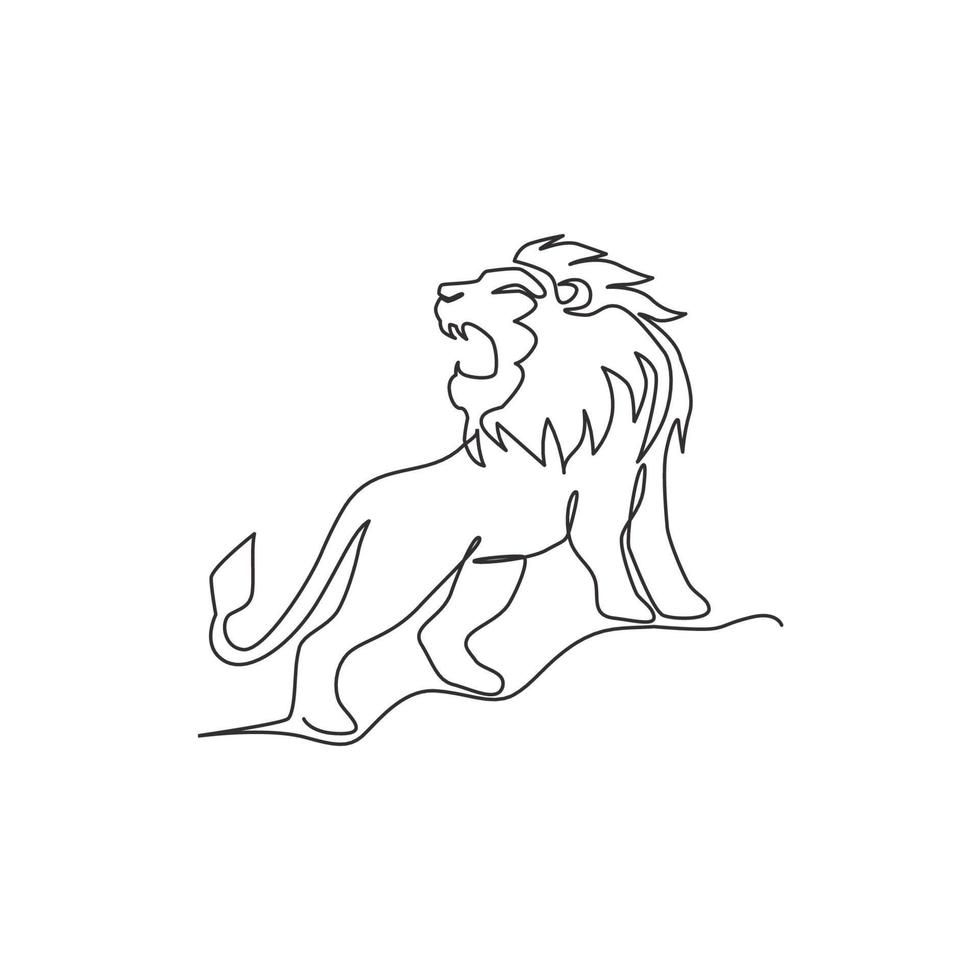 dibujo de línea continua única de león elegante para la identidad del logotipo del club deportivo. peligroso concepto de mascota animal mamífero gato grande para el club de juegos. Ilustración de diseño gráfico de vector de dibujo de una línea de moda