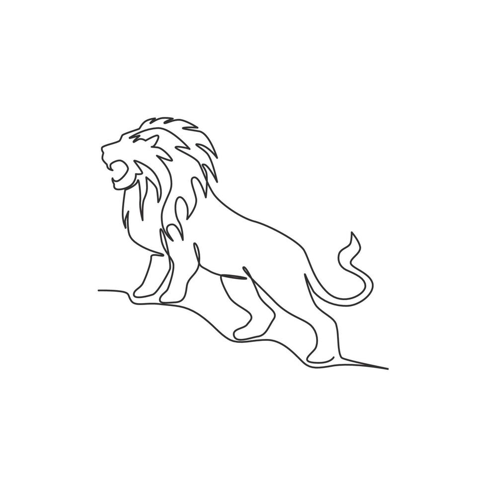 One single line drawing of wild lion for company business logo identity. Strong wildcat mammal animal mascot concept for national conservation park. Continuous line draw design vector illustration