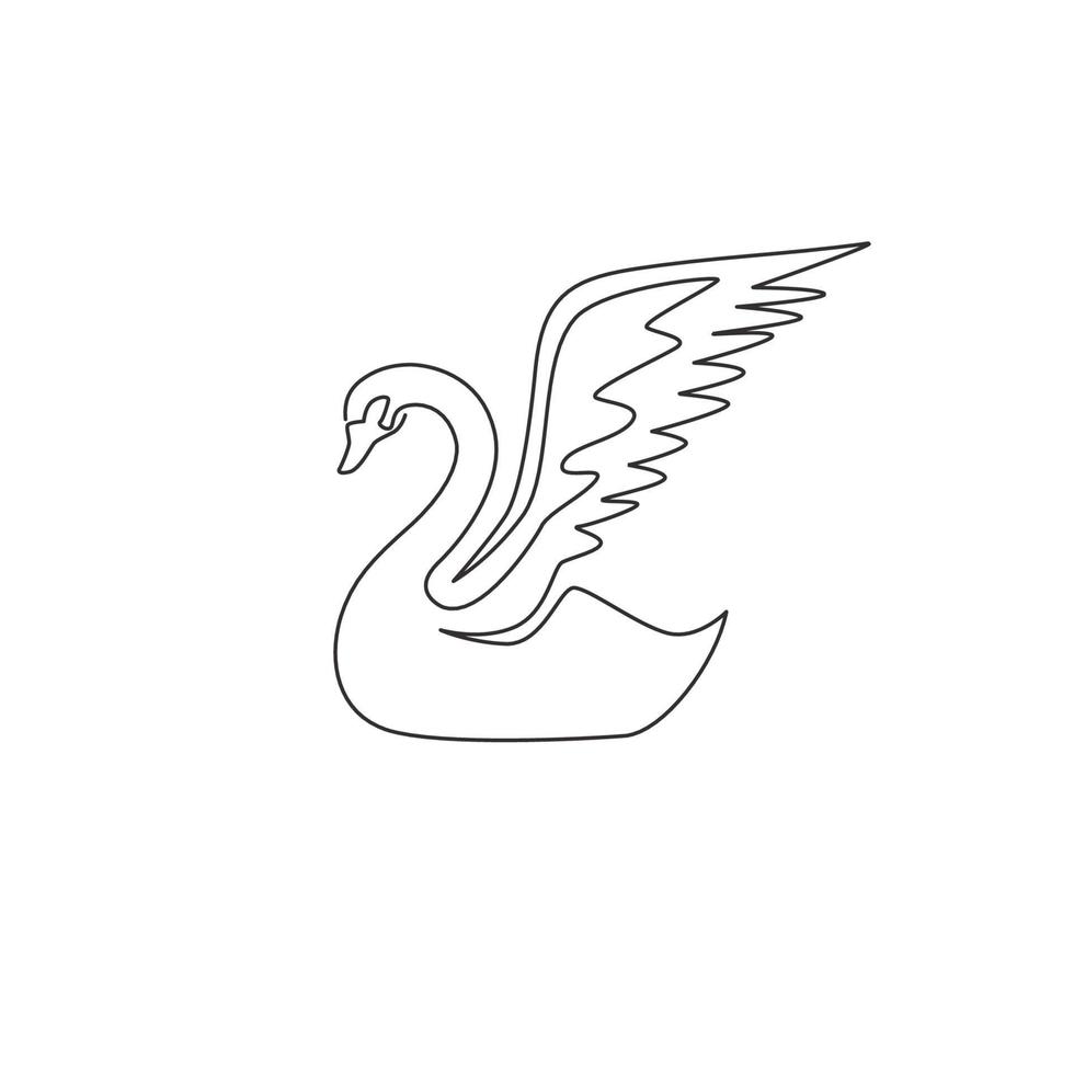 One continuous line drawing of beautiful swan for wedding organizer logo identity. Adorable goose animal mascot concept for elegant marriage invitation card. Single line draw design illustration vector