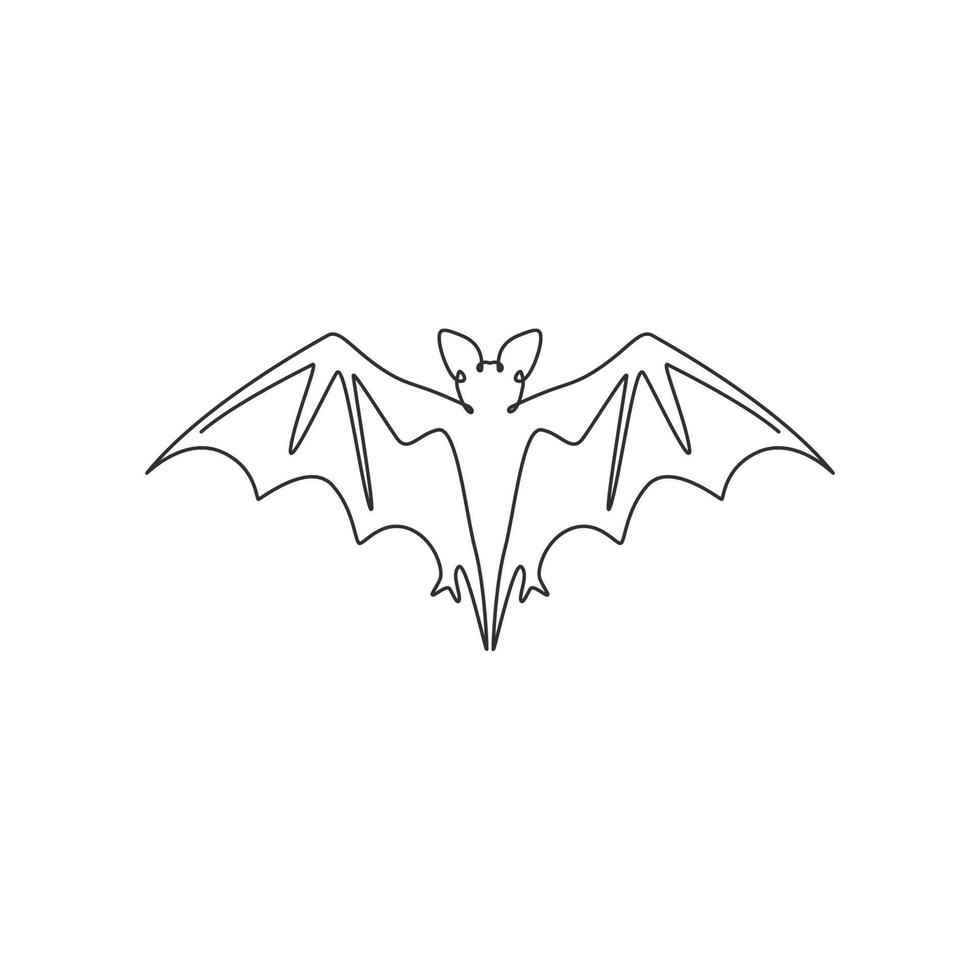 One continuous line drawing of scary bat for ghost house logo identity. Evil mammal animal mascot concept for horror symbol. Dynamic single line draw design illustration vector graphic