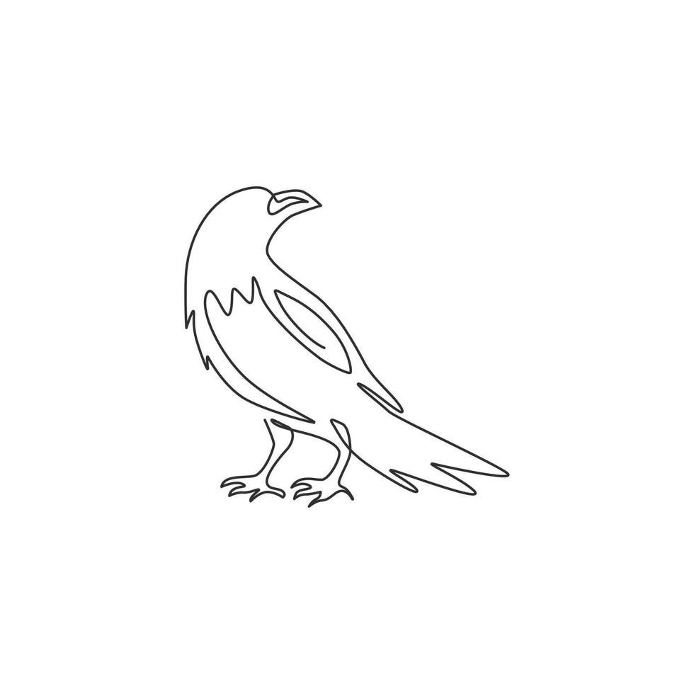 un dibujo de línea continua de cuervo negro para la identidad del logotipo de la casa fantasma. concepto de la mascota del pájaro del cuervo para el icono del cementerio. Ilustración de diseño gráfico de vector de dibujo de una sola línea moderna