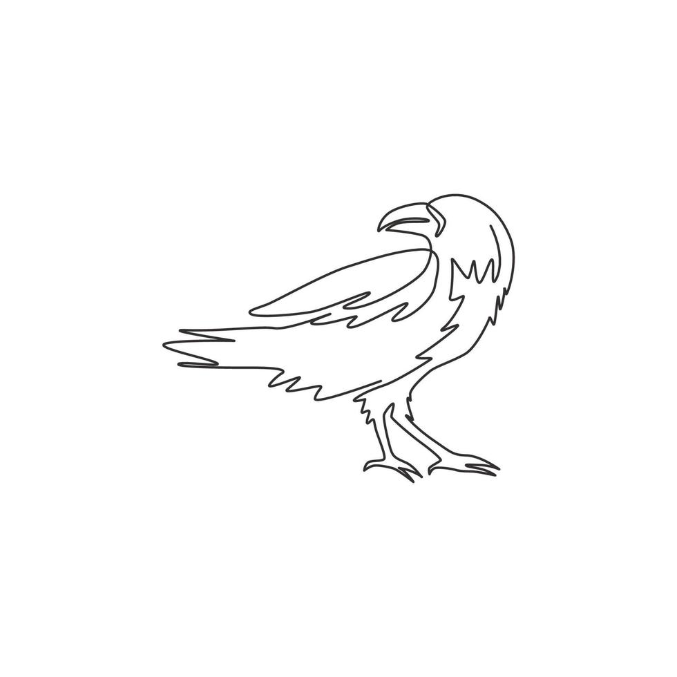 Single continuous line drawing of black raven for company logo identity. Crow bird mascot concept for luxury products symbol. Trendy one line draw vector graphic design illustration