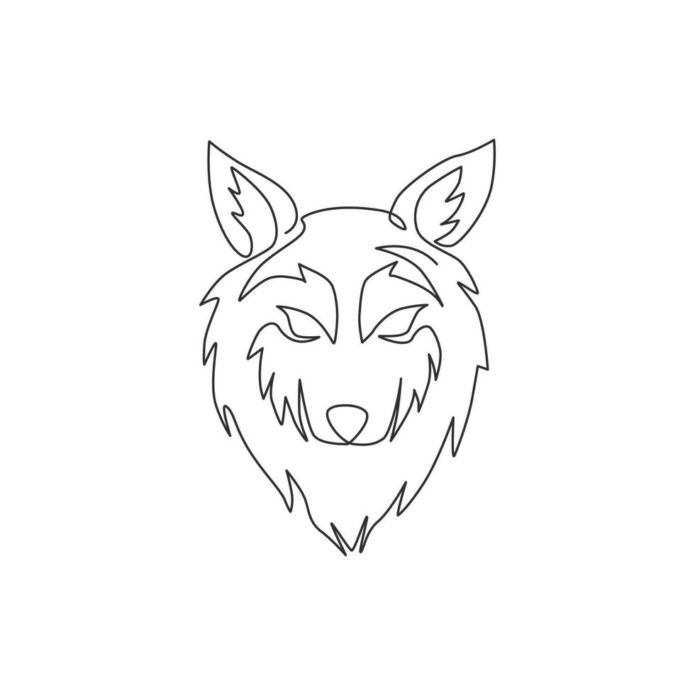 One single line drawing of dangerous wolf head for hunter club logo identity. Strong wolves mascot emblem concept for national zoo icon. Modern continuous line draw design vector graphic illustration