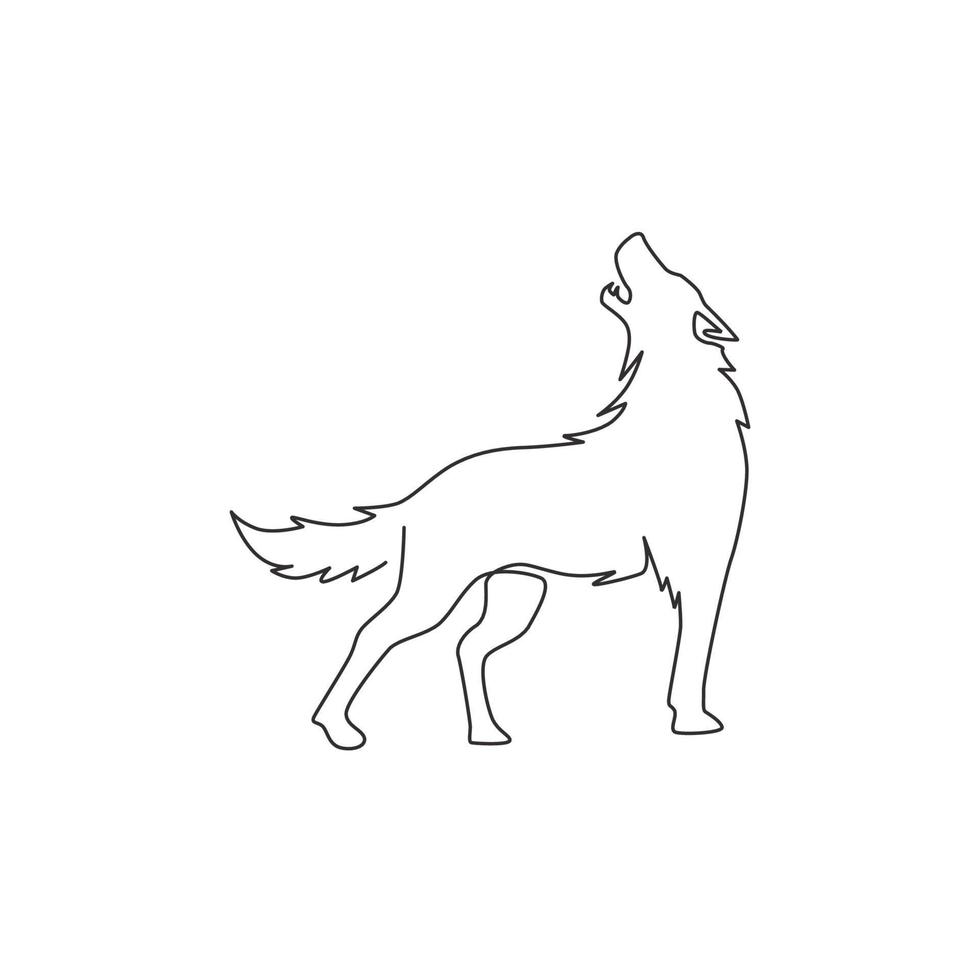 dibujo de línea continua única del lobo misterioso para la identidad del logotipo del equipo e-sport. concepto de mascota de lobos fuertes para el icono del parque nacional. Ilustración de vector gráfico de diseño de dibujo de una línea moderna