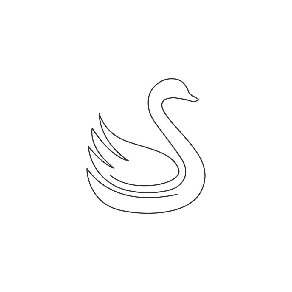One continuous line drawing of beautiful swan for wedding organizer logo identity. Adorable goose animal mascot concept for elegant marriage invitation card. Single line draw design illustration vector