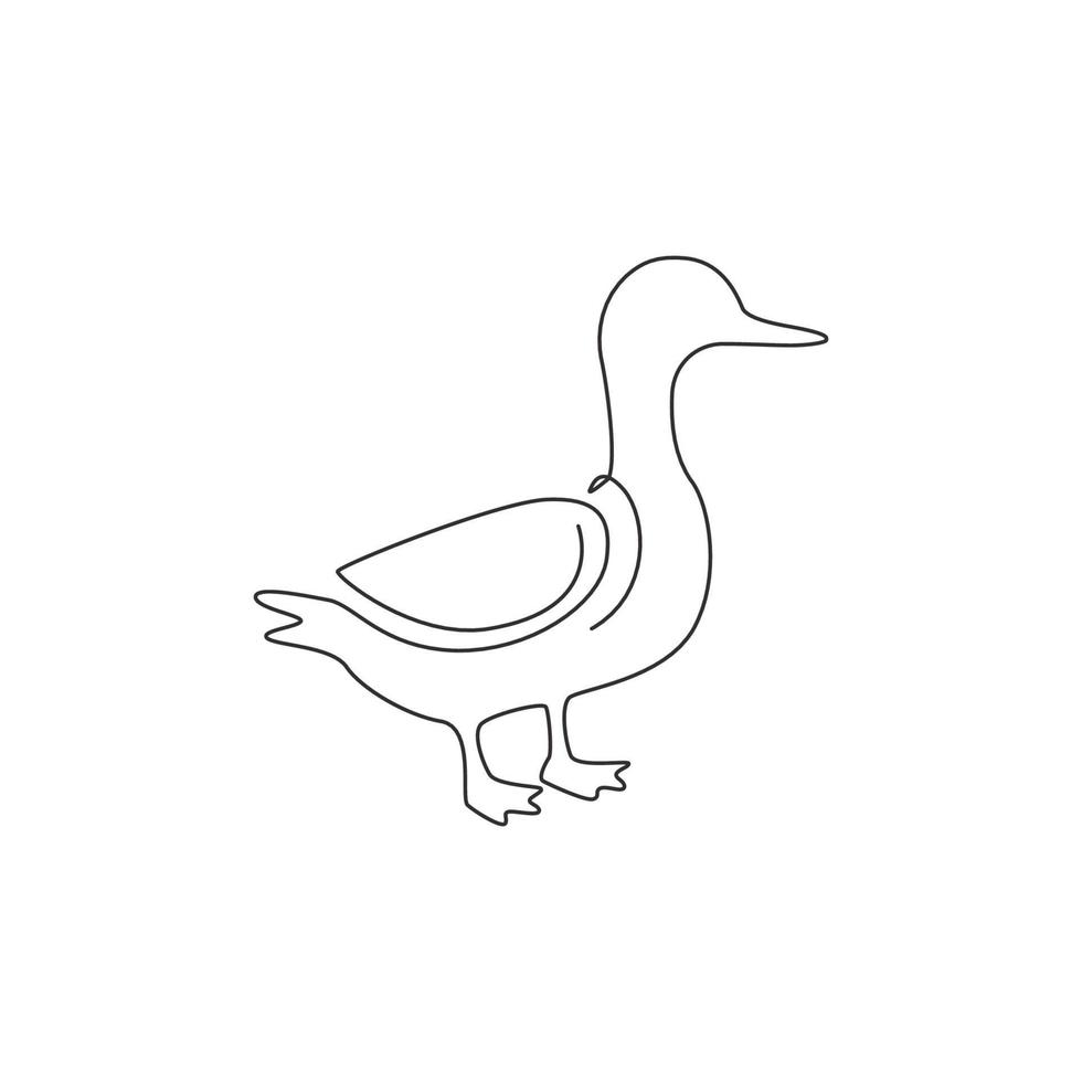 One continuous line drawing of funny white duck for business company business logo identity. Little beauty swan mascot concept for public park. Single line graphic draw vector design illustration