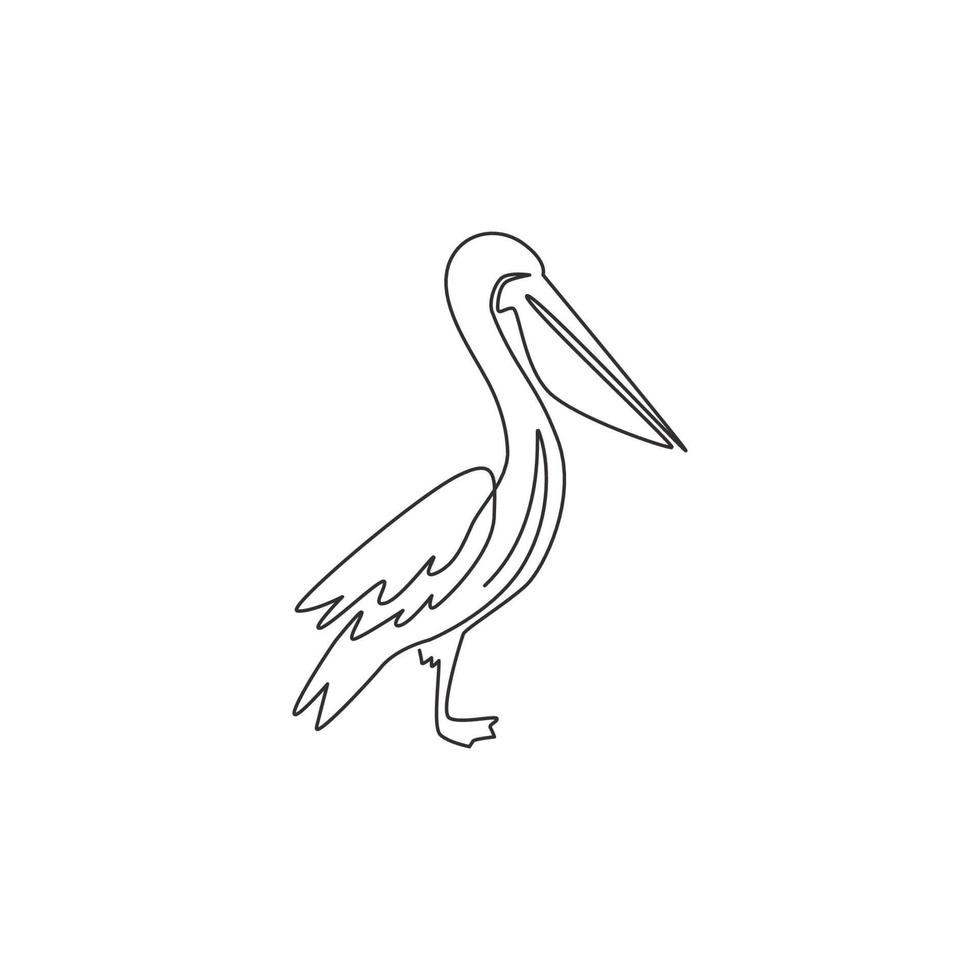 Single continuous line drawing of adorable pelican for shipment corporation logo identity. Large bird mascot concept for cargo delivery company. Trendy one line vector draw design graphic illustration