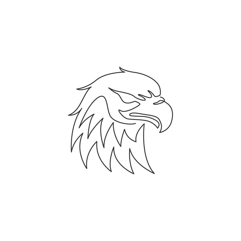 One continuous line drawing of strong eagle head for delivery service logo identity. Hawk mascot concept for bird conservative park icon. Trendy single line draw design vector graphic illustration