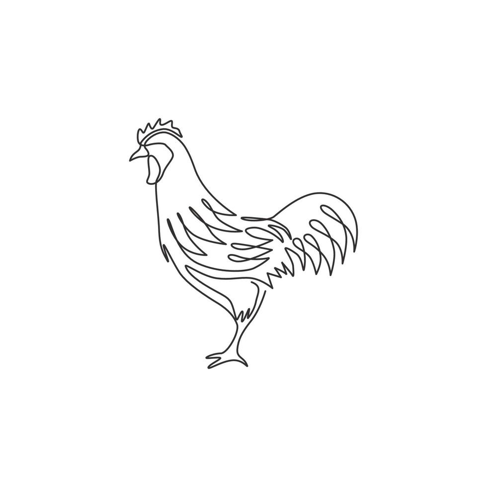 un dibujo de una sola línea de animal gallo para la identidad del logotipo comercial de la empresa. concepto de la mascota del pájaro del gallo para el icono de la agricultura. Ilustración de diseño gráfico de vector de dibujo de línea continua de moda