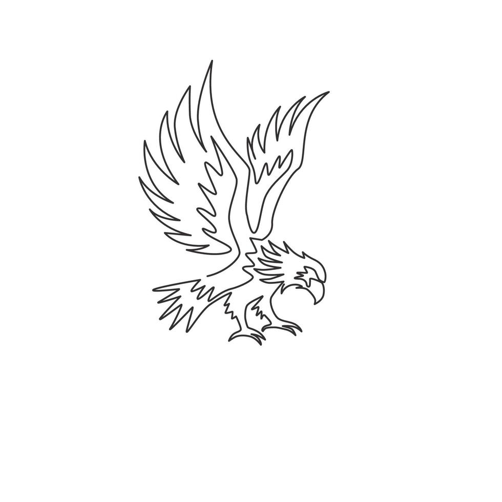 One continuous line drawing of strong eagle for delivery service logo identity. Hawk mascot concept for bird conservative park icon. Dynamic single line vector graphic draw design illustration