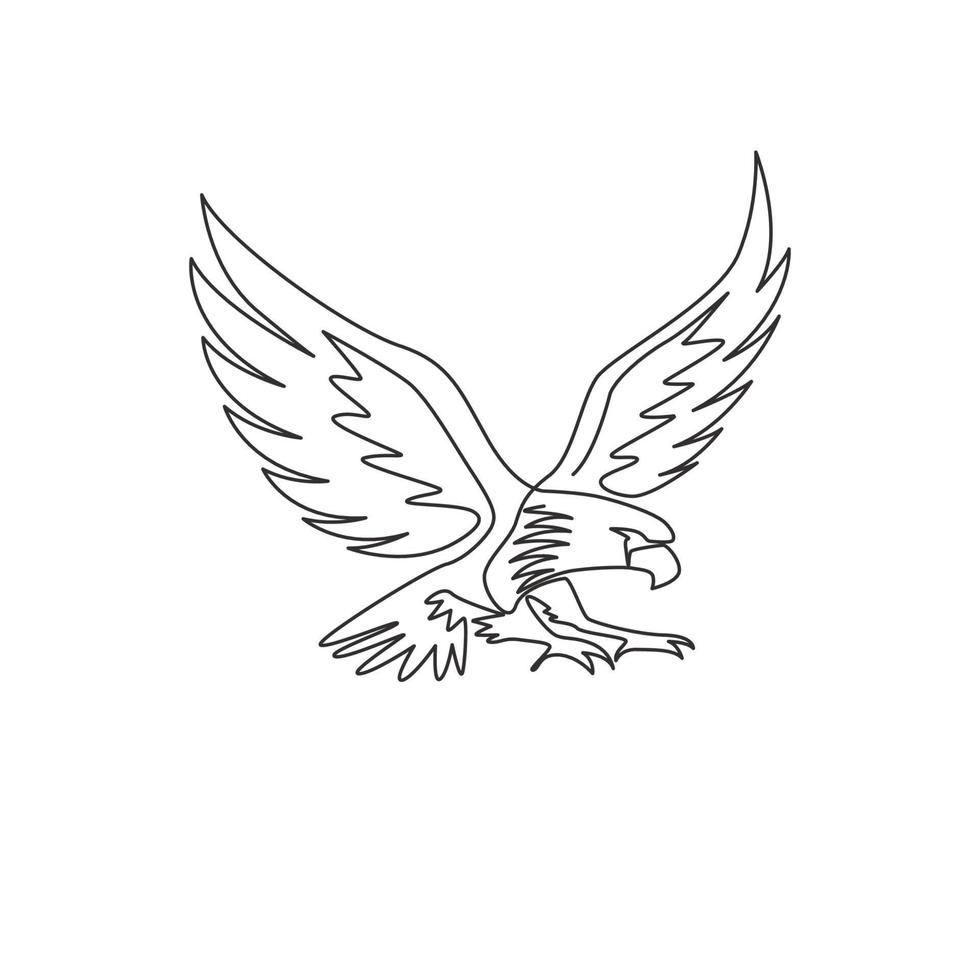 un dibujo de una sola línea de un pájaro águila fuerte para la identidad del logotipo de la empresa. concepto de mascota de halcón para el icono de la fuerza aérea. Ilustración de diseño de dibujo de línea gráfica de vector continuo moderno