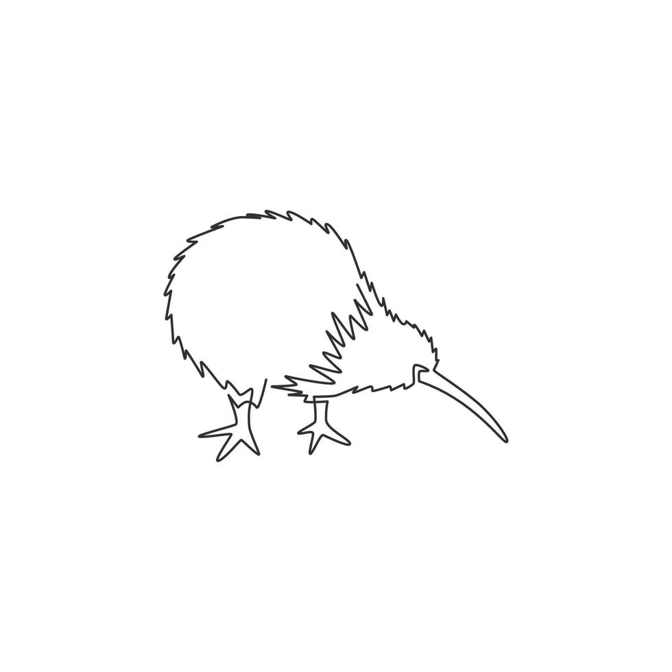 One continuous line drawing of little kiwi bird for city zoo identity. Kiwi mascot concept for typical New Zealand animal. Trendy single line draw graphic vector design illustration