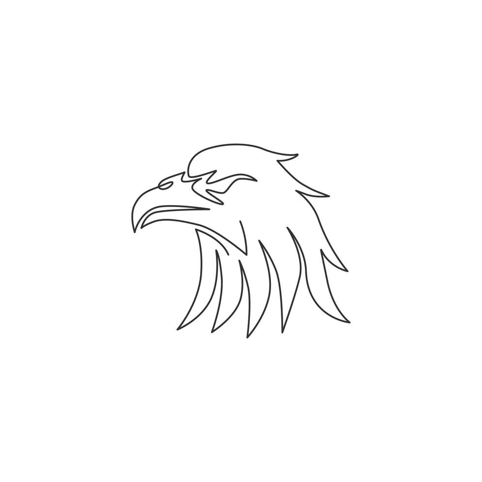 dibujo de una sola línea continua de la heroica cabeza de águila para la identidad del logotipo del equipo e-sport. concepto de mascota de pájaro halcón para icono de cementerio. Ilustración de diseño de dibujo de vector gráfico de una línea moderna