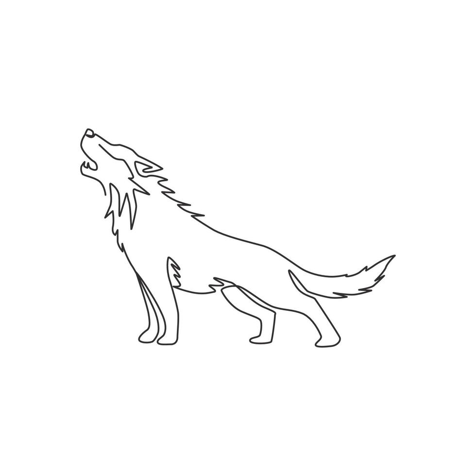 One single line drawing of dangerous wolf head for hunter club logo identity. Strong wolves mascot concept for national zoo icon. Trendy continuous line draw design vector graphic illustration