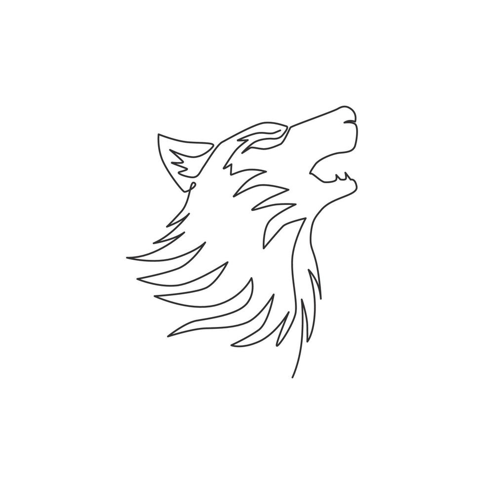 dibujo de línea continua única de la misteriosa cabeza de lobo para la identidad del logotipo del equipo e-sport. concepto de mascota de lobos fuertes para el icono del parque nacional. Ilustración gráfica de vector de diseño de dibujo de una línea moderna